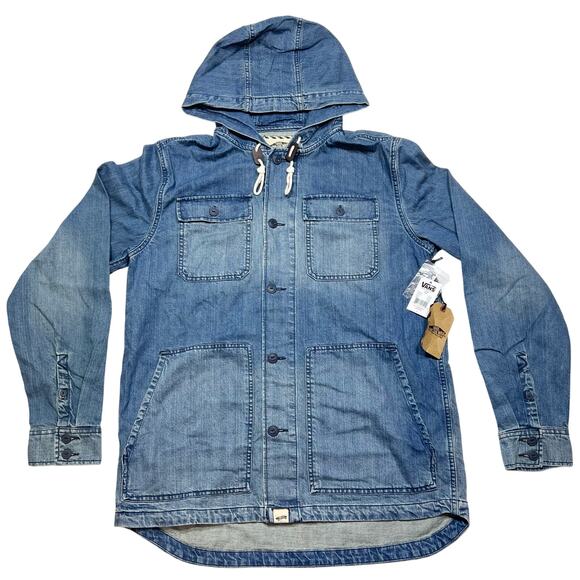 Vans Off The Wall Denim Hooded Jacket Men Large Blue Jean Drawstrings New - Picture 1 of 9